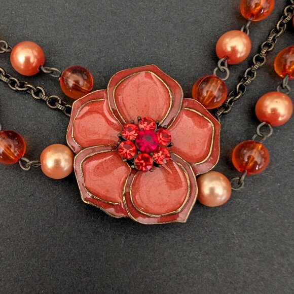 3 strand vintage orange enamel flower necklace with orange and peach beads - Picture 6 of 12